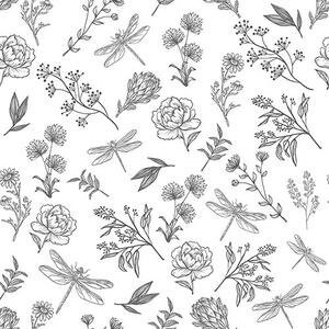Carta da parati Fiori, foglie e libellule su sfondo bianco, Parati classici Rustica, a00025v1 : Uwalls.it