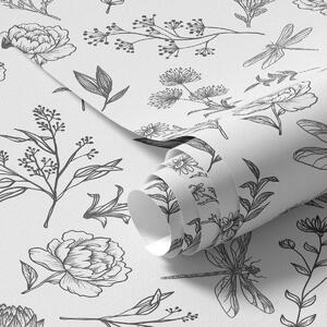 Carta da parati Fiori, foglie e libellule su sfondo bianco, Parati classici Rustica, a00025v1 : Uwalls.it