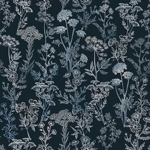Carta da parati Piante bianche e blu su sfondo scuro, Parati fiori e piante classici, a00029 : Uwalls.it
