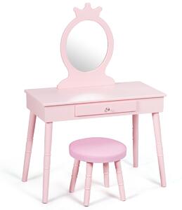 Costway Toeletta con specchio per bambini, Set tavolo e sedia toeletta con cassetti e sgabello imbottito Rosa