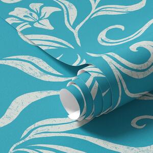 Carta da parati Fiori e foglie bianchi con scalfitture su sfondo blu, Parati fiori e piante classici, a00038 : Uwalls.it