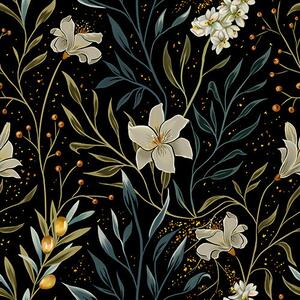 Carta da parati Composizione di fiori chiari e foglie scure su sfondo scuro, Parati fiori e piante classici, a00053 : Uwalls.it