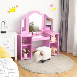 Costway Toeletta design smontabile 2 in 1 per bambini, Toeletta make-up principessa con 4 mensole grandi e specchio Rosa