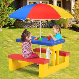 Costway Tavolo da picnic per bambini con parasole pieghevole Set di tavolo e panche per giardino 67x41x47cm Colorato