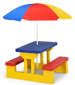 Costway Tavolo da picnic per bambini con parasole pieghevole Set di tavolo e panche per giardino 67x41x47cm Colorato