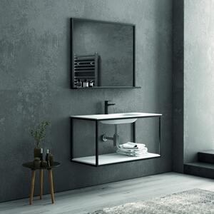 Composizione bagno metallica nera 100cm con lavabo e ripiano solid surface, specchio nero NICO-100N - KAMALU