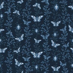 Carta da parati Composizione con farfalle, foglie e insetti su sfondo blu, Parati fiori e piante classici, a00073 : Uwalls.it