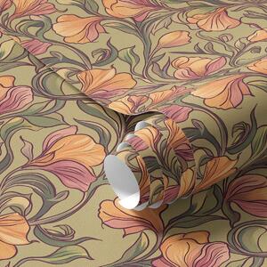 Carta da parati Steli contorti e luminosi con foglie e fiori, Parati fiori e piante classici, a00074 : Uwalls.it
