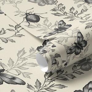 Carta da parati Composizione con farfalle, foglie e insetti su sfondo chiaro, Parati fiori e piante classici, a00073v2 : Uwalls.it