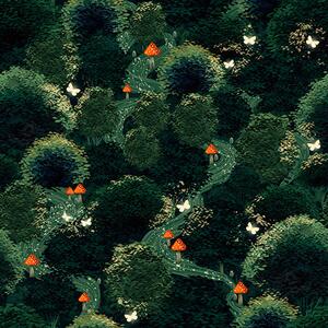 Carta da parati Corone di alberi rigogliosi e funghi colorati, Parati foresta classici, Parati classici Bosco Alberi, a00087 : Uwalls.it