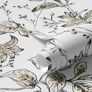 Carta da parati Rami con foglie gialle su sfondo bianco, Parati fiori e piante classici, a00098 : Uwalls.it