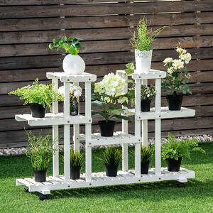 Costway Supporto in legno a 4 livelli per piante per giardino, Scaffale rinforzato per fiori con ruote bloccabili Bianco