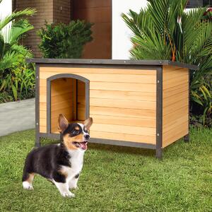 Casetta di legno per cani con balcone rialzato, Casa per cani con pavimento  sollevato e scale, Naturale - Costway