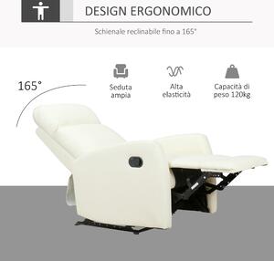 HOMCOM Poltrona Reclinabile 170° con Poggiapiedi Regolabile Ergonomica in Similpelle 65 × 92 × 100cm Crema