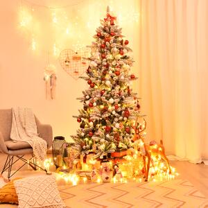 Costway Albero di Natale artificiale innevato 210cm con pigne bianche, Albero di Natale con base in ferro resistente