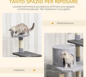 PawHut Albero Tiragraffi per Gatto con Cucce Colonna Naturali Sisal e Piattaforma Gioco Giocattolo, Grigio 48 × 48 × 100cm