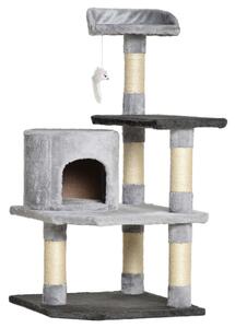 PawHut Albero Tiragraffi per Gatto con Cucce Colonna Naturali Sisal e Piattaforma Gioco Giocattolo, Grigio 48 × 48 × 100cm