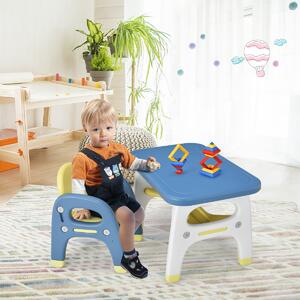 Costway Set tavolo e sedia per bambini con forma di dinosauro, Mobili di plastica con mensola e costruzioni Blu