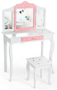Costway Set tavolo toeletta e sgabello per bambini con specchio tripartito, Set toeletta con stampe di stelle Bianco