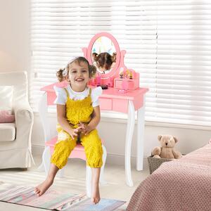 Costway Set toeletta per bambini con specchio girevole a 360° e 3 cassetti, Set tavolo da trucco e sgabello Rosa