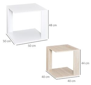 HOMCOM Set di 2 Tavolini Componibile per Salotto Soggiorno, Bianco e Rovere 50x50x48cm/40x40x44cm