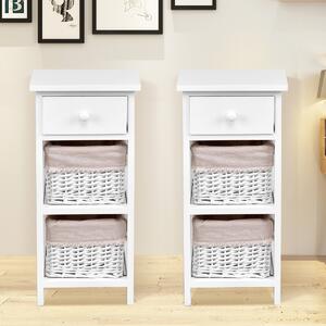 Costway Set di 2 comodini di legno con 3 livelli, Tavolini moderno con 1 cassetto e 2 cesti, Bianco