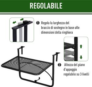 Outsunny Tavolino da Balcone Ringhiera Appeso Braccio con Ripiano Regolabile, Ferro, Nero 60 x 56.5 x 45 cm