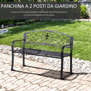 Outsunny Panchina da Giardino 2 Posti, Design Floreale, Ergonomica, con Braccioli, in Metallo, Nero, 129x50x91cm