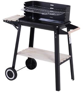 Outsunny Griglia a Carbone Barbecue BBQ Carrello Grill per Picnic con Ruote da Balcone Giardino in Ferro e Legno 83 × 45 × 87 cm Nero