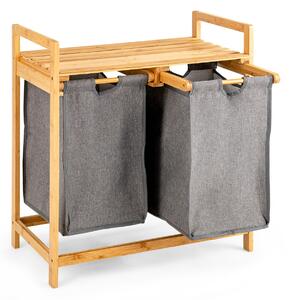 Costway Cesto della biancheria in bambù con doppio scompartimento, Cesto a 2 sezioni per lavanderia con borse rimovibili