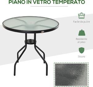 Outsunny Tavolino da Giardino Elegante, Piano in Vetro Temperato, Foro per Ombrellone, Acciaio, Ф80x72cm, Nero