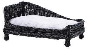 PawHut Cuccia per Animali Domestici Chaise Longue in Vimini Nero con Cuscino in Pile Bianco 69x42x33cm