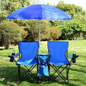 Costway Sedia da picnic in acciaio portatile e pieghevole, Sedia da picnic con ombrellone mini tavolo porta bevande Blu