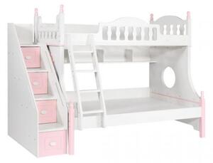 Letto a castello con scala contenitore bambine rosa e bianco in legno PRINCESS A10