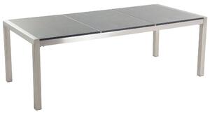 Tavolo da pranzo da giardino Piano in granito grigio e argento Gambe in acciaio inox esterne 8 posti 220 x 100 x 74 cm Beliani