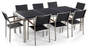 Set da Giardino Tavolo Piano Granito Nero 8 Sedie Tessuto 220 x 110 cm Beliani