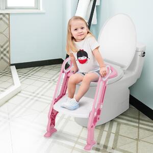 Costway Scaletta per WC con sedile imbottito, Sgabello regolabile e pieghevole con scala con maniglie, Rosa