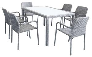 AXONA - set tavolo da giardino con piano in vetro 150x90 compreso di 6 poltrone intreccio in rattan sintetico
