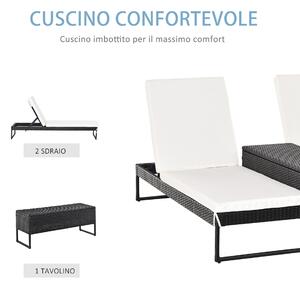 Outsunny Set Componibile 2 Lettini Prendisole (195x60x86cm) 1 Tavolino (121x40x50cm) Rattan Nero con Materassini Bianchi