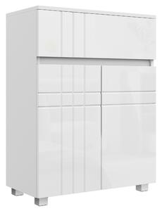 Kleankin Mobiletto da bagno su piedi con 2 porte 1 cassetto, scaffale regolabile, bianco lucido