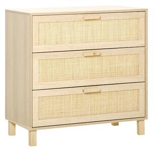 HOMCOM Cassettiera a 3 Cassetti in Legno e Rattan per Camera da Letto, Soggiorno e Ufficio, Colore Legno Naturale, 80x40x80cm
