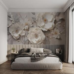 Carta da parati Eleganti fiori bianchi con petali sottili e stami gialli su sfondo grigio, Carta da parati 3D, w09029 : Uwalls.it