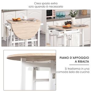 HOMCOM Carrello Cucina Pieghevole e Salvaspazio Tavolino con 2 Sgabelli 2 Cassetti 5 Ruote (Rotazione 360°), Legno MDF Bianco