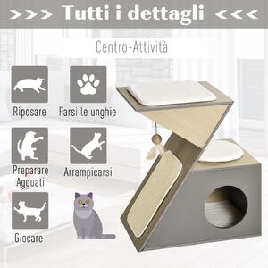 PawHut Cuccia per gatti multi-funzione mobili da gioco per animali domestici in legno MDF Grigio 60 x 37 x 65cm