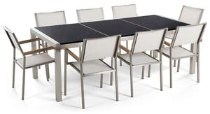 Set da Giardino Tavolo Piano Granito Nero 8 Sedie Bianche 220 x 110 cm Beliani