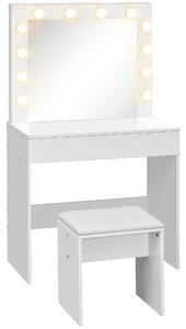 HOMCOM Tavolo da trucco con sgabello imbottito specchio 12 lampadine a LED ampio cassetto vintage per camera da letto in MDF bianco