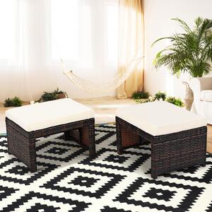 Costway Set di 2 poggiapiedi in rattan PE resistenti alle intemperie con cuscino morbido, 2 Ottomane 49x40x33cm Bianco
