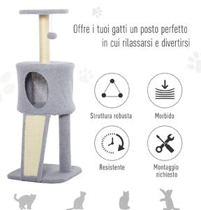 PawHut Tiragraffi per gatti a 3 livelli Albero Tiragraffi a colonna con cuccia cachemire palla sospesa in sisal multi-attività grigio|Aosom.it