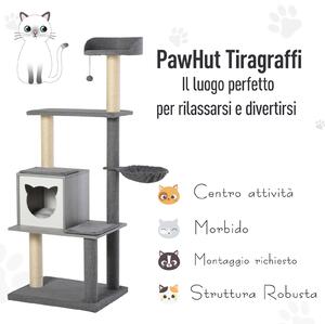 PawHut Albero Tiragraffi per Gatti Tigraffi Morbido per Gatto con Cuccia Palla Cestino Sospeso in Sisal Peluche Multi-Attività Grigio|Aosom.it
