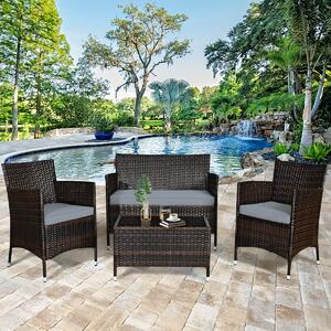 Costway Set di 4 mobili in rattan per cortile con cuscino spesso, Set conversazione per giardino prato piscina e cortile